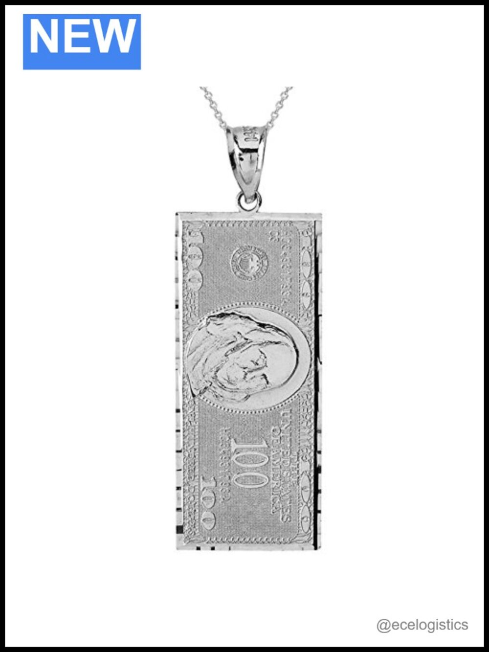 925 Sterling Silver $100 Dollar Bill Pendant Necklace 16"